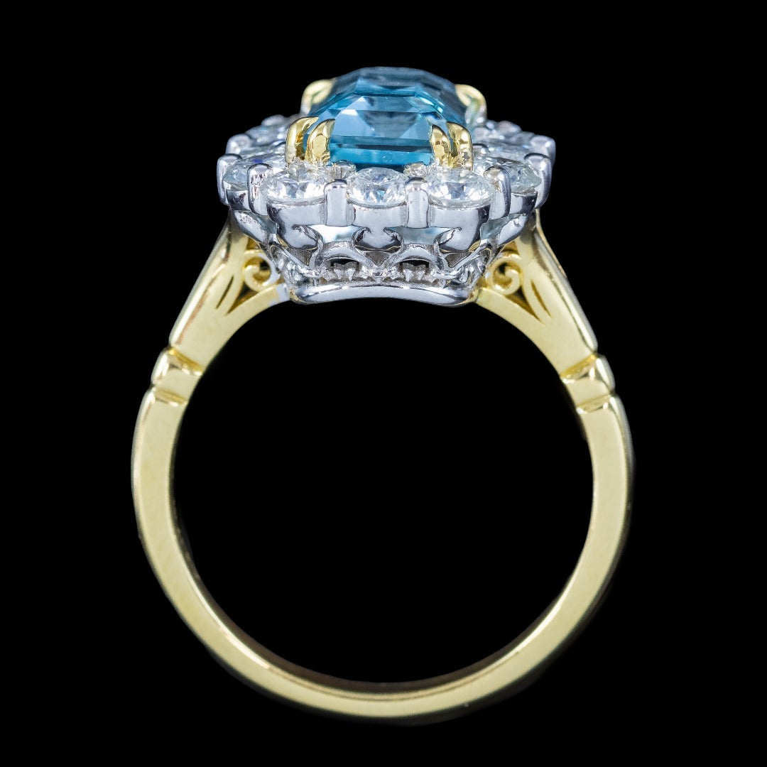Edwardian Style Aquamarine Diamond Cluster Cocktail Ring 4.17ct Aqua