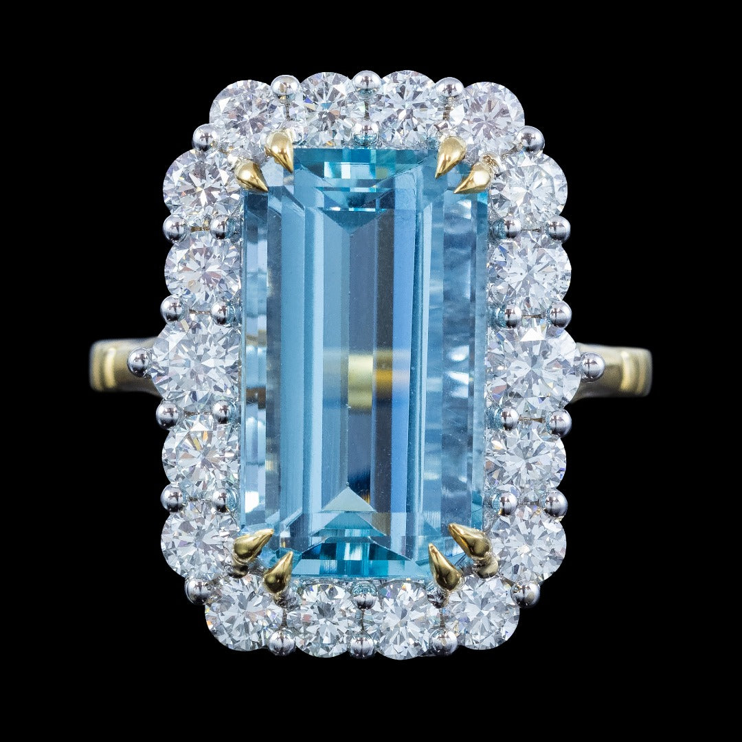Edwardian Style Aquamarine Diamond Cocktail Cluster Ring 9.05ct Aqua