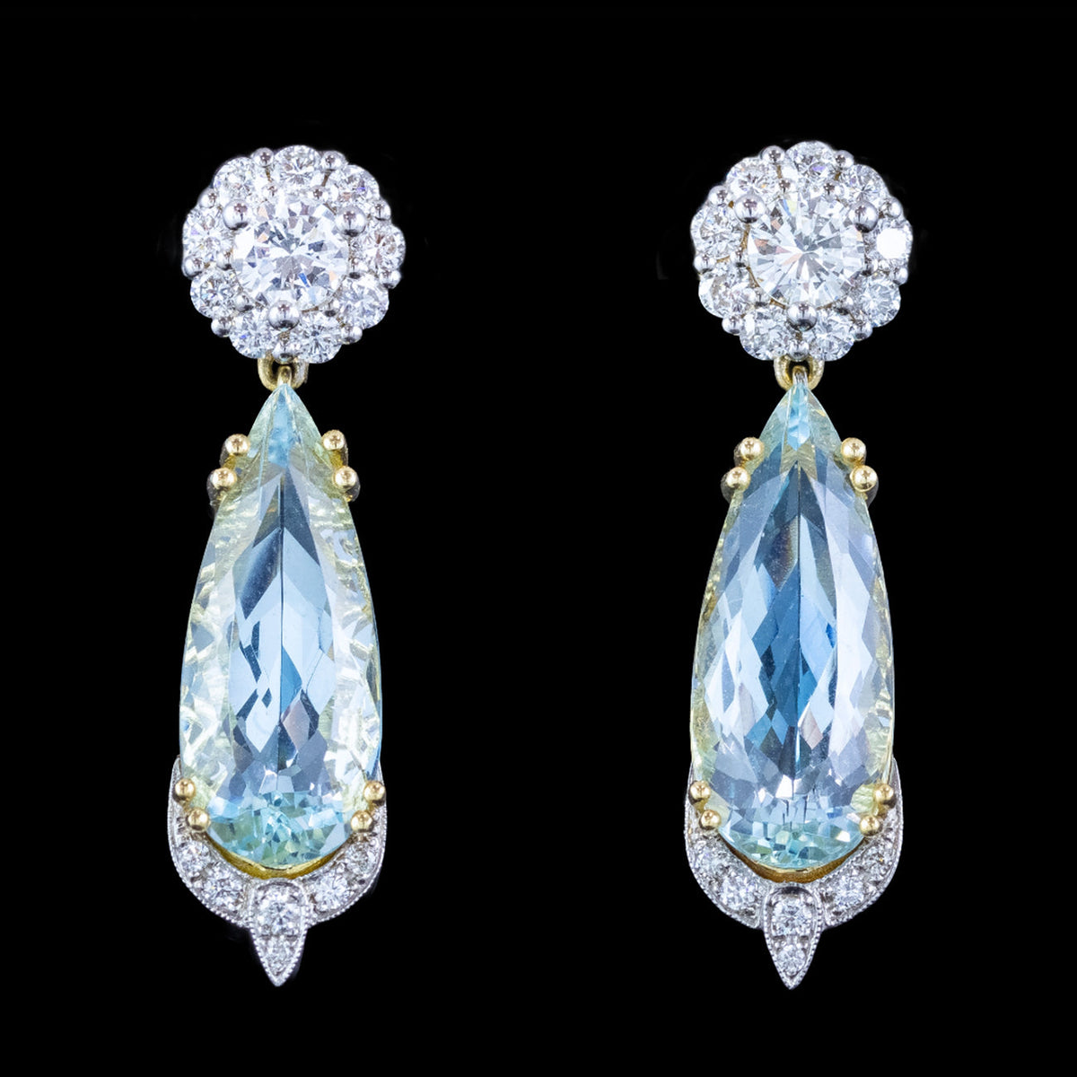 Edwardian Style Aquamarine Diamond Drop Earrings 18ct Gold 7.30ct Aquas