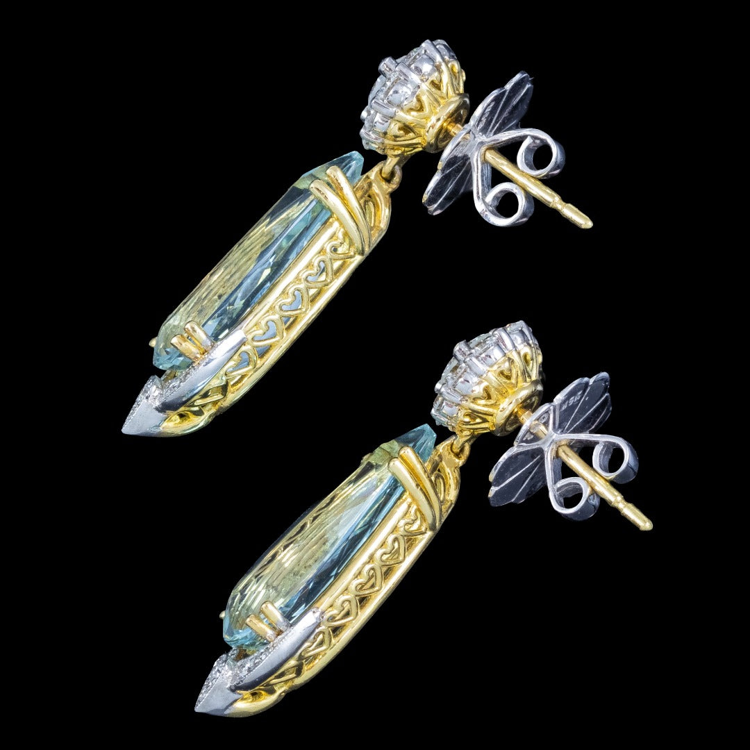 Edwardian Style Aquamarine Diamond Drop Earrings 18ct Gold 7.30ct Aquas