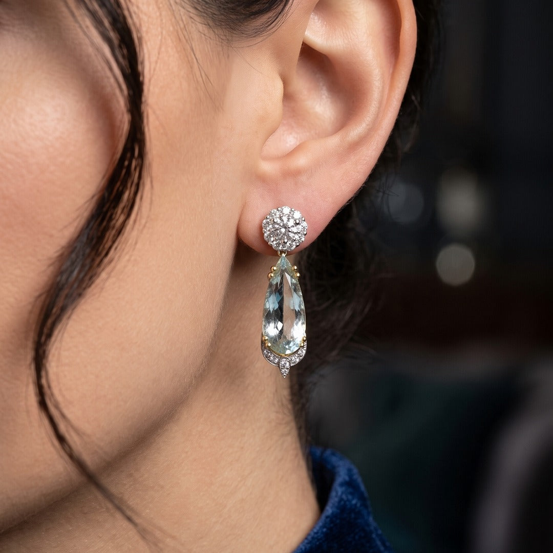 Edwardian Style Aquamarine Diamond Drop Earrings 18ct Gold 7.30ct Aquas