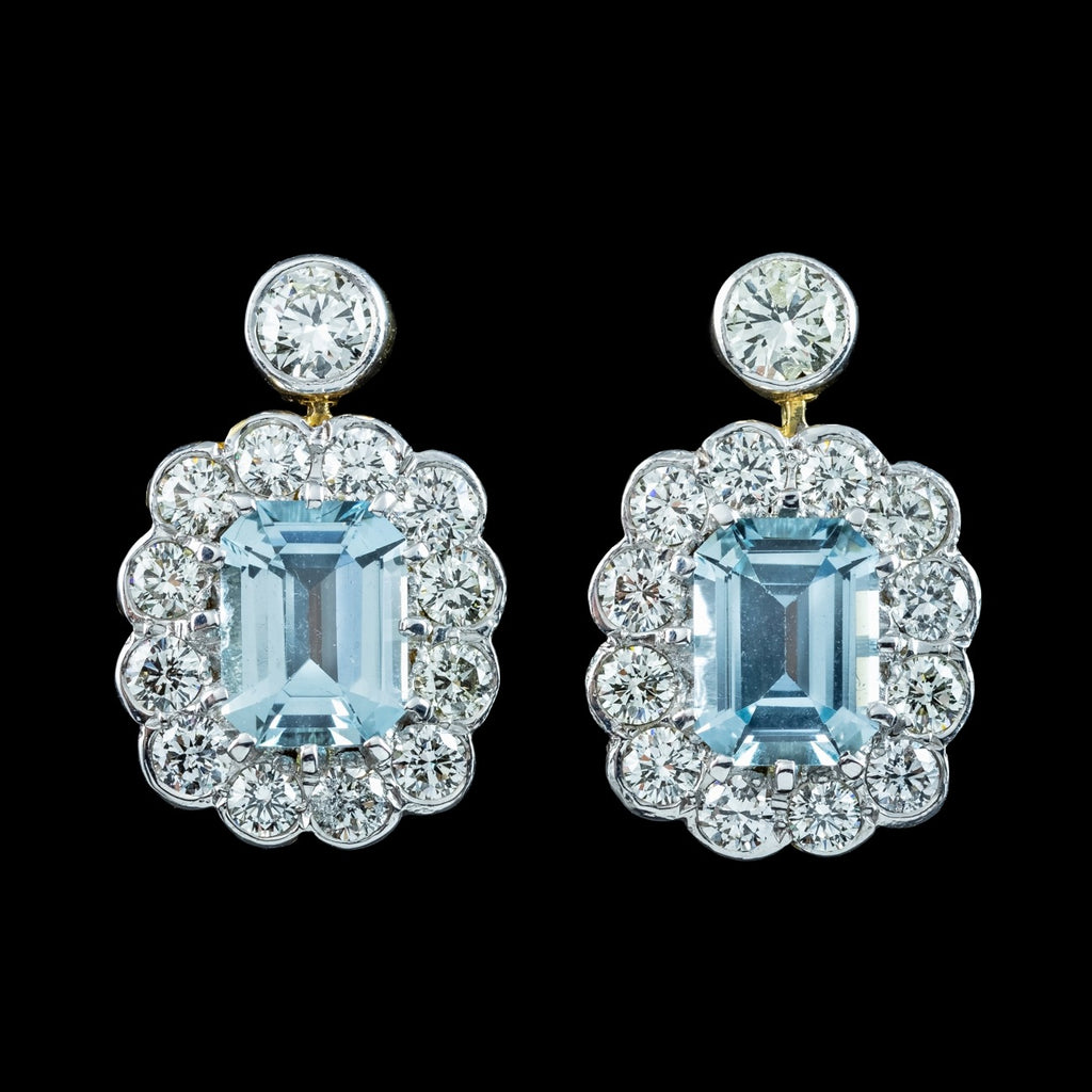 Edwardian Style Aquamarine Diamond Earrings 18ct Gold 2ct Aquas