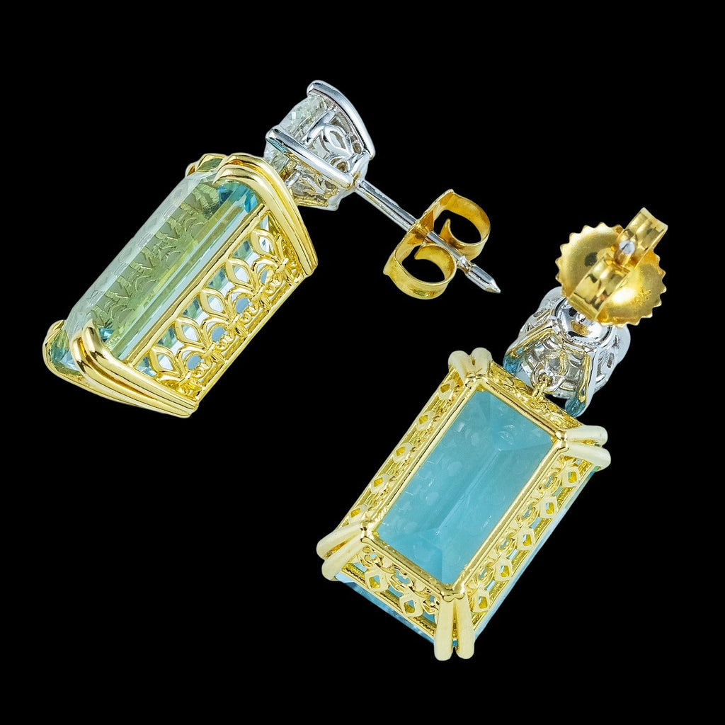 Edwardian Style Aquamarine Diamond Stud Earrings 18ct Gold 17.91ct Aqua