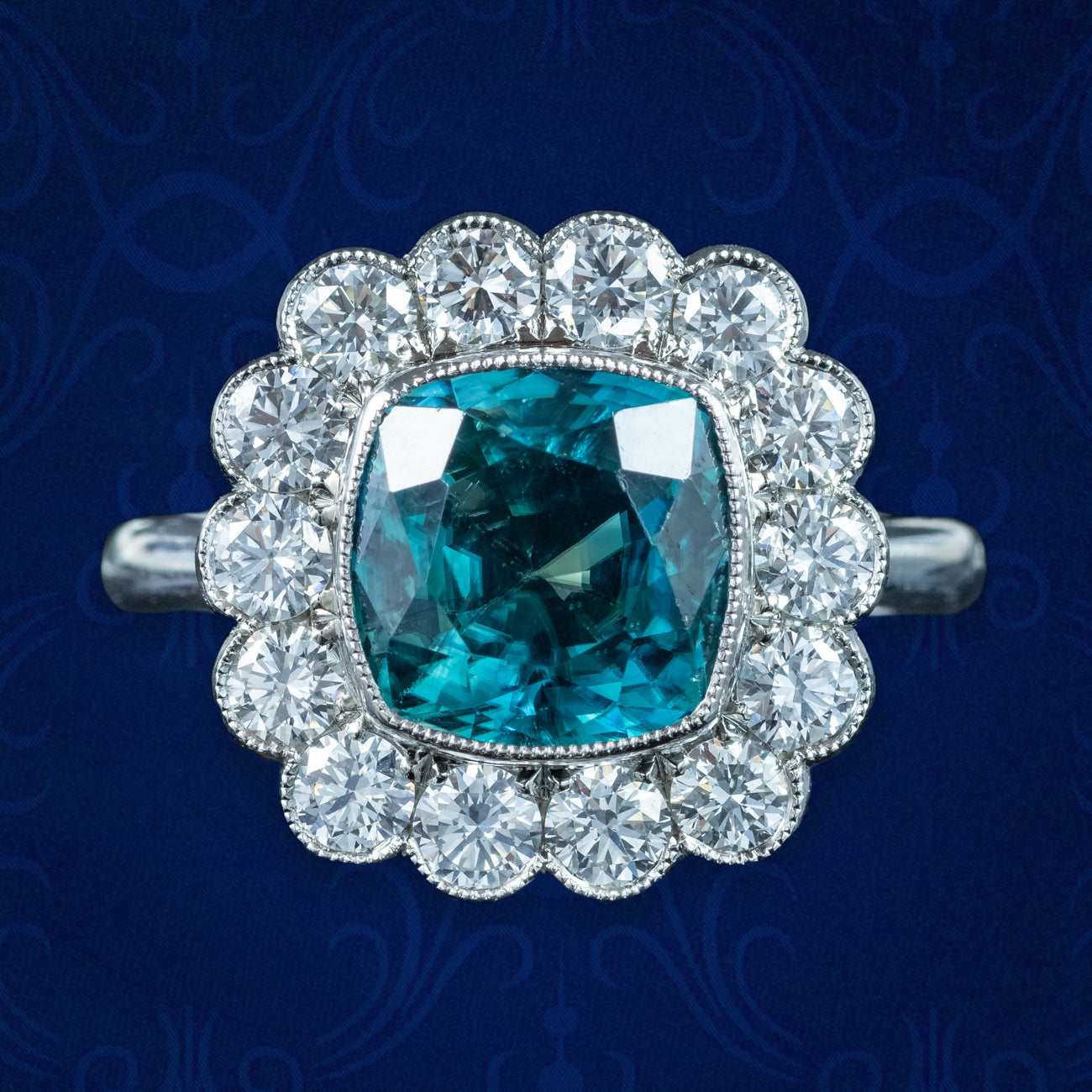 Edwardian Style Blue Zircon Diamond Cluster Ring 6.78ct Zircon Main image