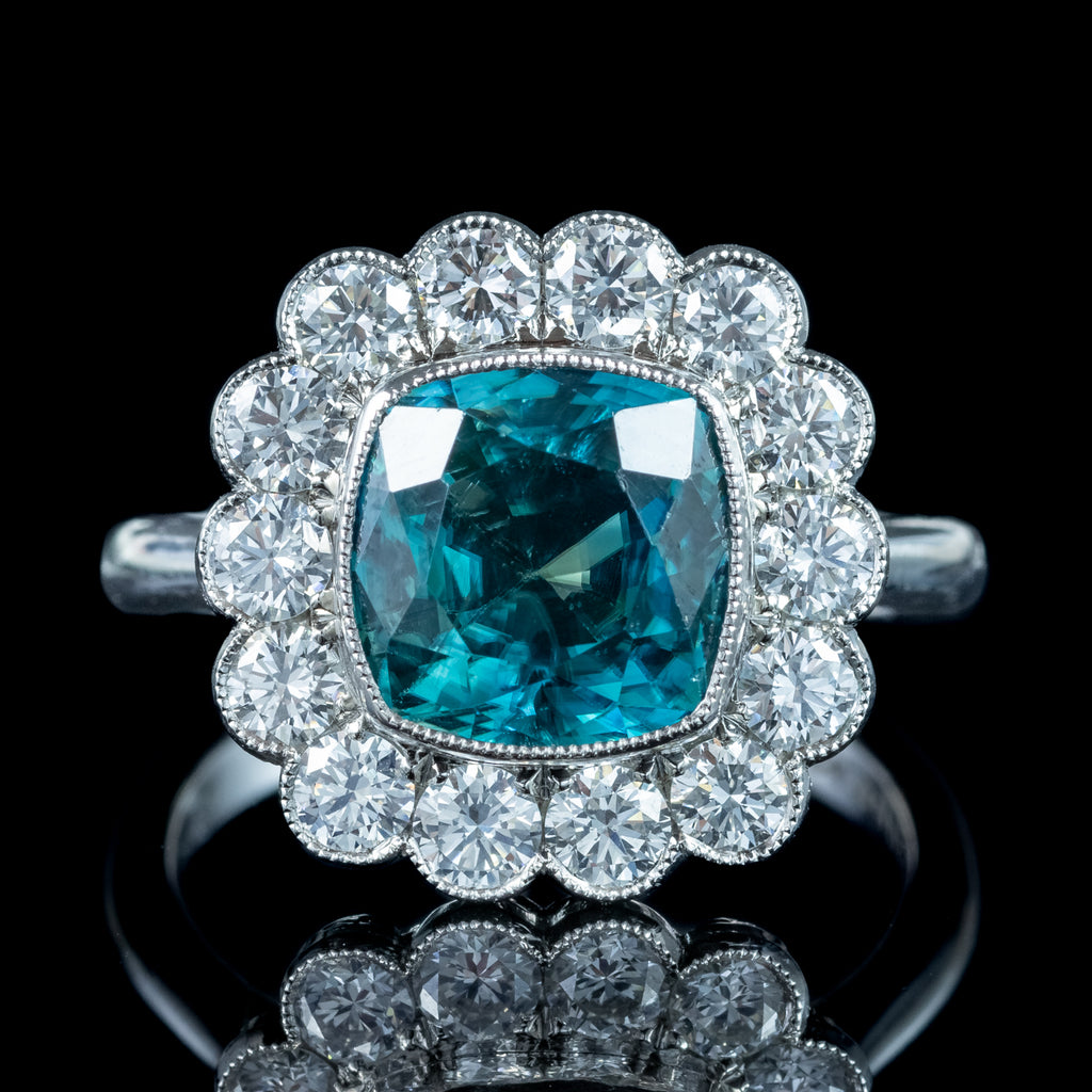 Edwardian Style Blue Zircon Diamond Cluster Ring 6.78ct Zircon