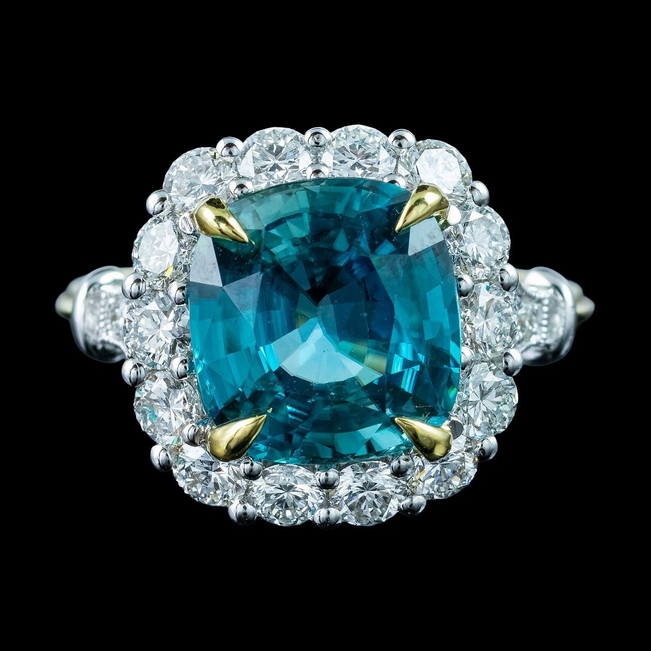 Edwardian Style Zircon Diamond Cluster Ring 6.58ct Blue Zircon