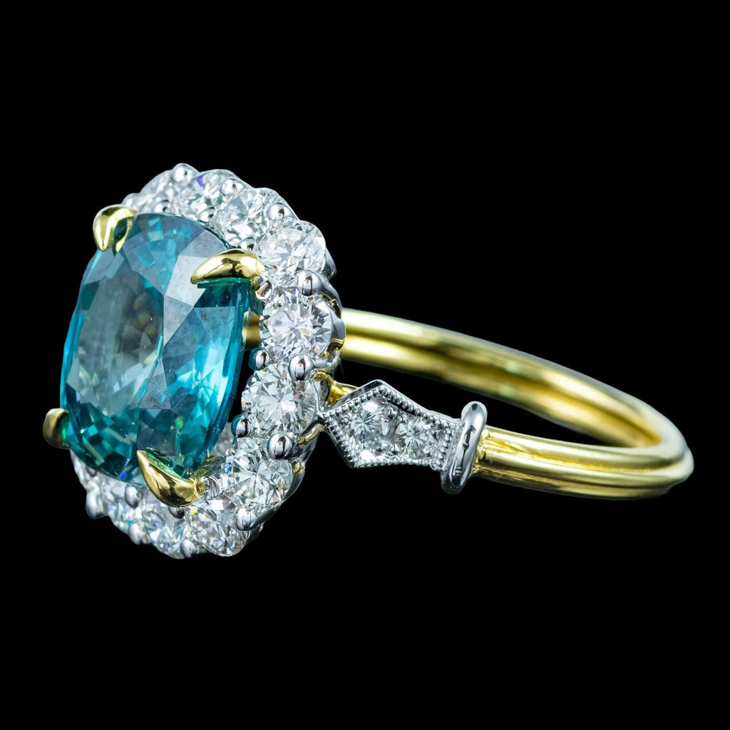 Edwardian Style Zircon Diamond Cluster Ring 6.58ct Blue Zircon