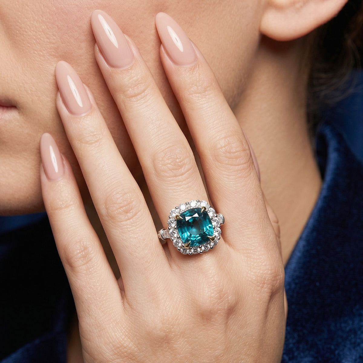 Edwardian Style Zircon Diamond Cluster Ring 6.58ct Blue Zircon
