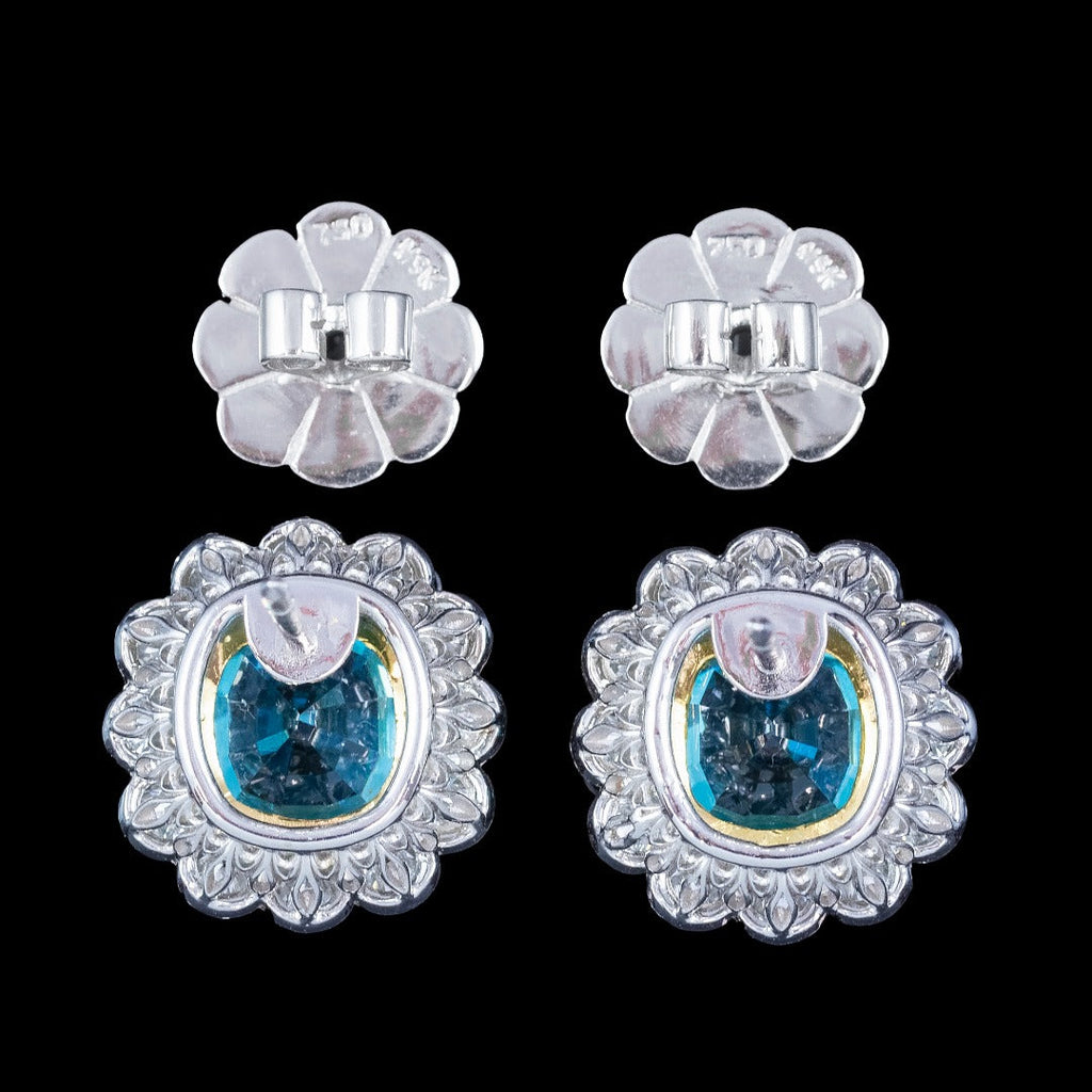 Edwardian Style Blue Zircon Diamond Cluster Stud Earrings 18ct Gold 7ct Zircon 
