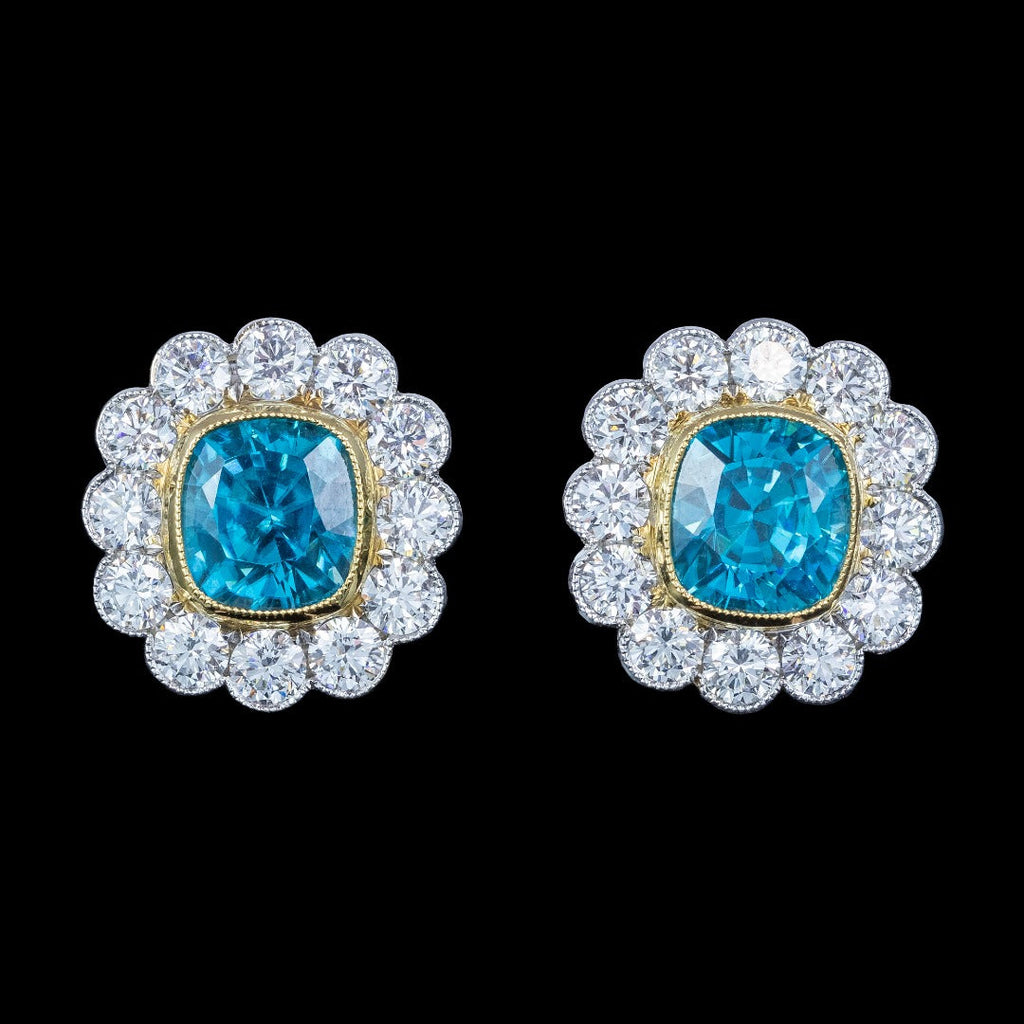 Edwardian Style Blue Zircon Diamond Cluster Stud Earrings 18ct Gold 7ct Zircon 