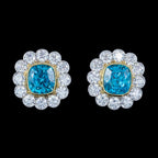 Edwardian Style Blue Zircon Diamond Cluster Stud Earrings 18ct Gold 7ct Zircon 