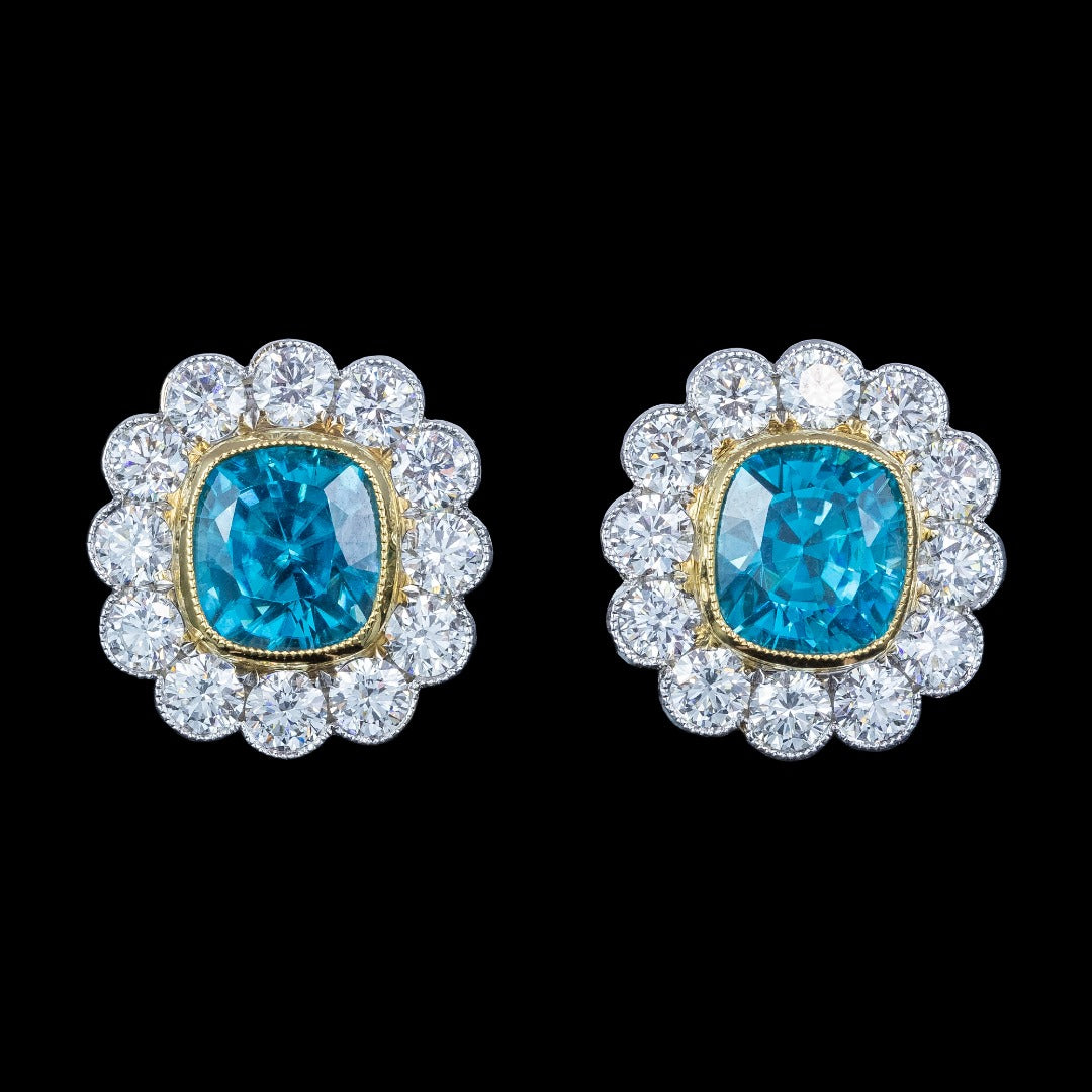 Edwardian Style Blue Zircon Diamond Cluster Stud Earrings 18ct Gold 7ct Zircon 