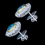 Edwardian Style Blue Zircon Diamond Cluster Stud Earrings 18ct Gold 7ct Zircon 