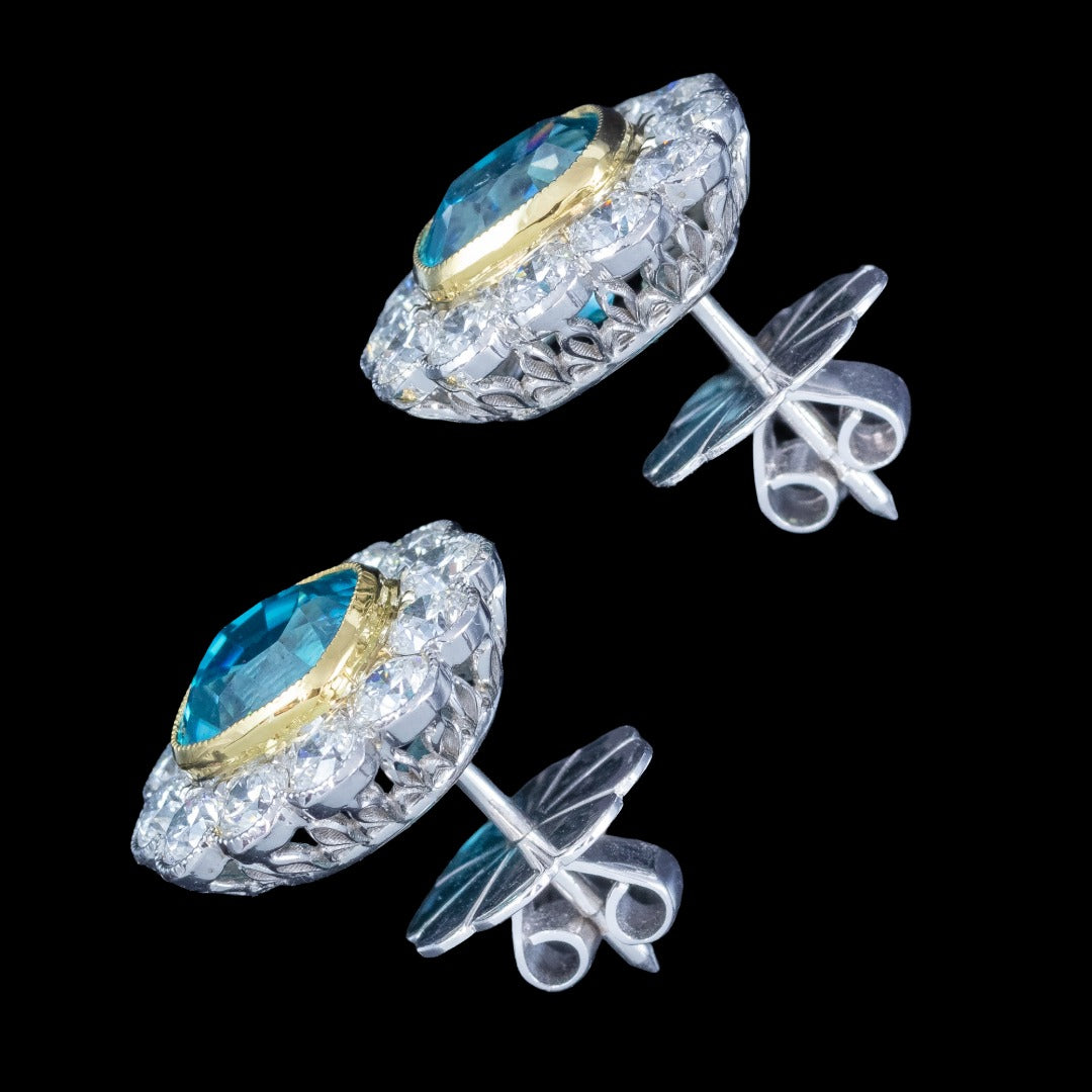 Edwardian Style Blue Zircon Diamond Cluster Stud Earrings 18ct Gold 7ct Zircon 