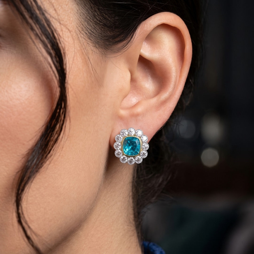 Edwardian Style Blue Zircon Diamond Cluster Stud Earrings 18ct Gold 7ct Zircon 