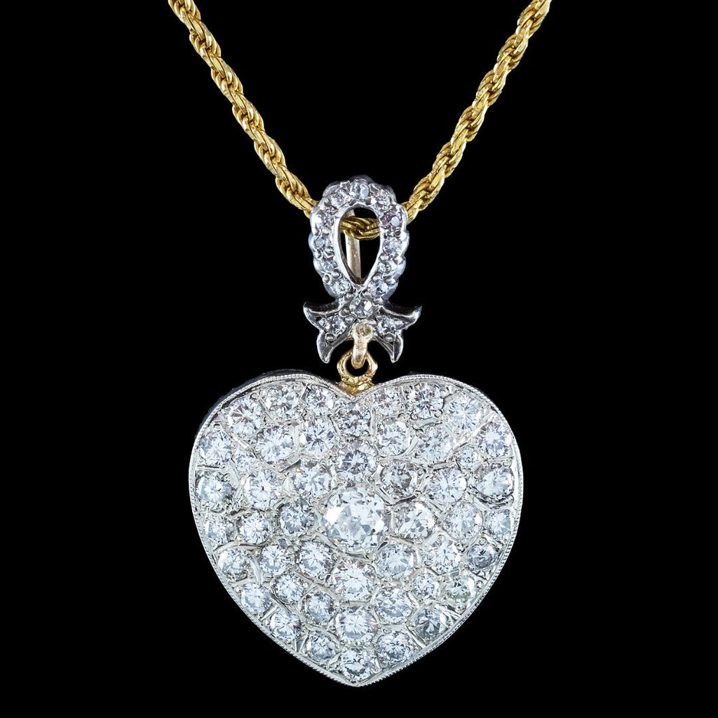 Edwardian Style Diamond Heart Pendant Necklace 3.2ct Total