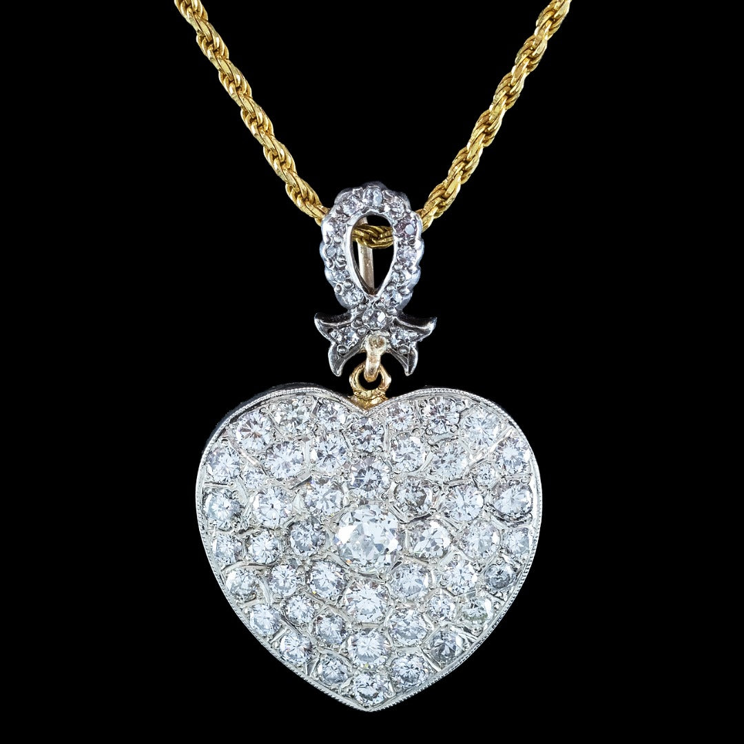 Edwardian Style Diamond Heart Pendant Necklace 3.2ct Total