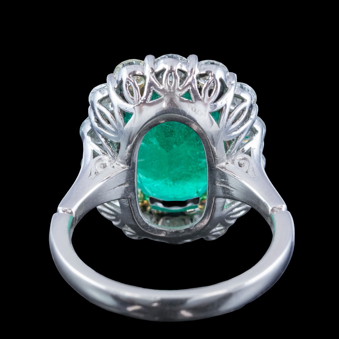 Edwardian Style Emerald Diamond Cluster Cocktail Ring 6.39ct Emerald 