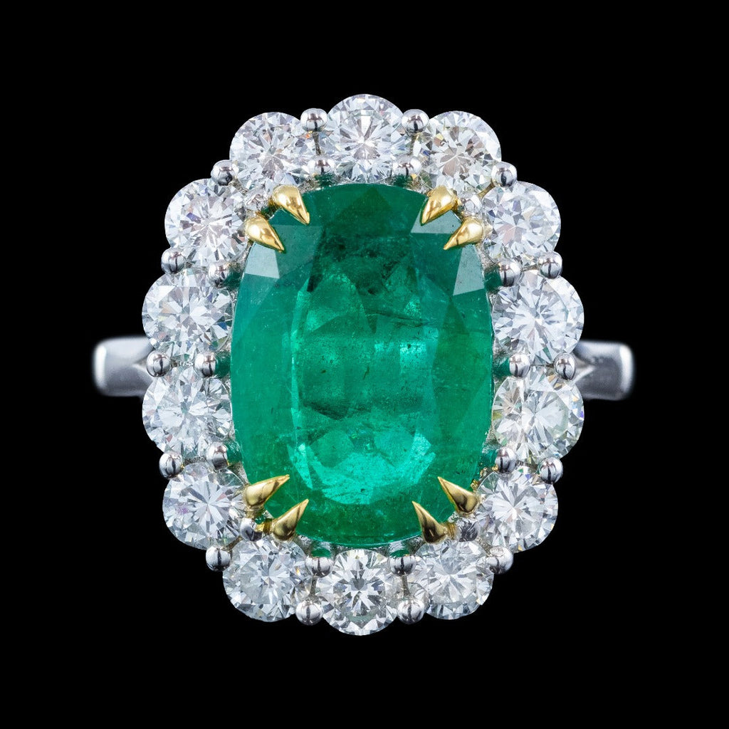 Edwardian Style Emerald Diamond Cluster Cocktail Ring 6.39ct Emerald 