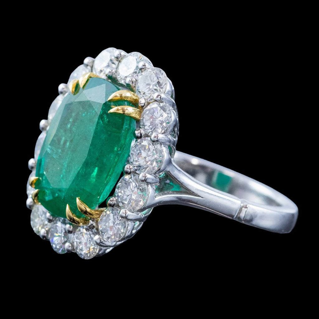 Edwardian Style Emerald Diamond Cluster Cocktail Ring 6.39ct Emerald 