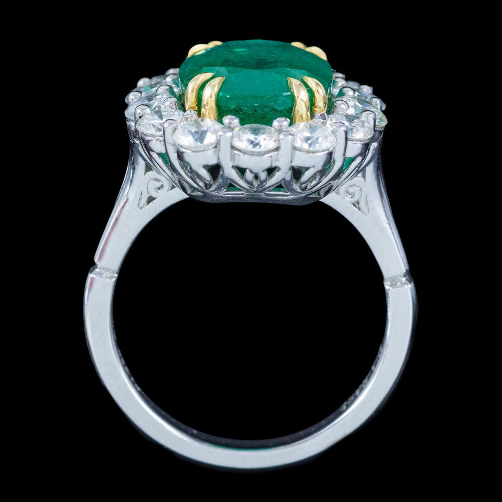 Edwardian Style Emerald Diamond Cluster Cocktail Ring 6.39ct Emerald 