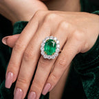 Edwardian Style Emerald Diamond Cluster Cocktail Ring 6.39ct Emerald 