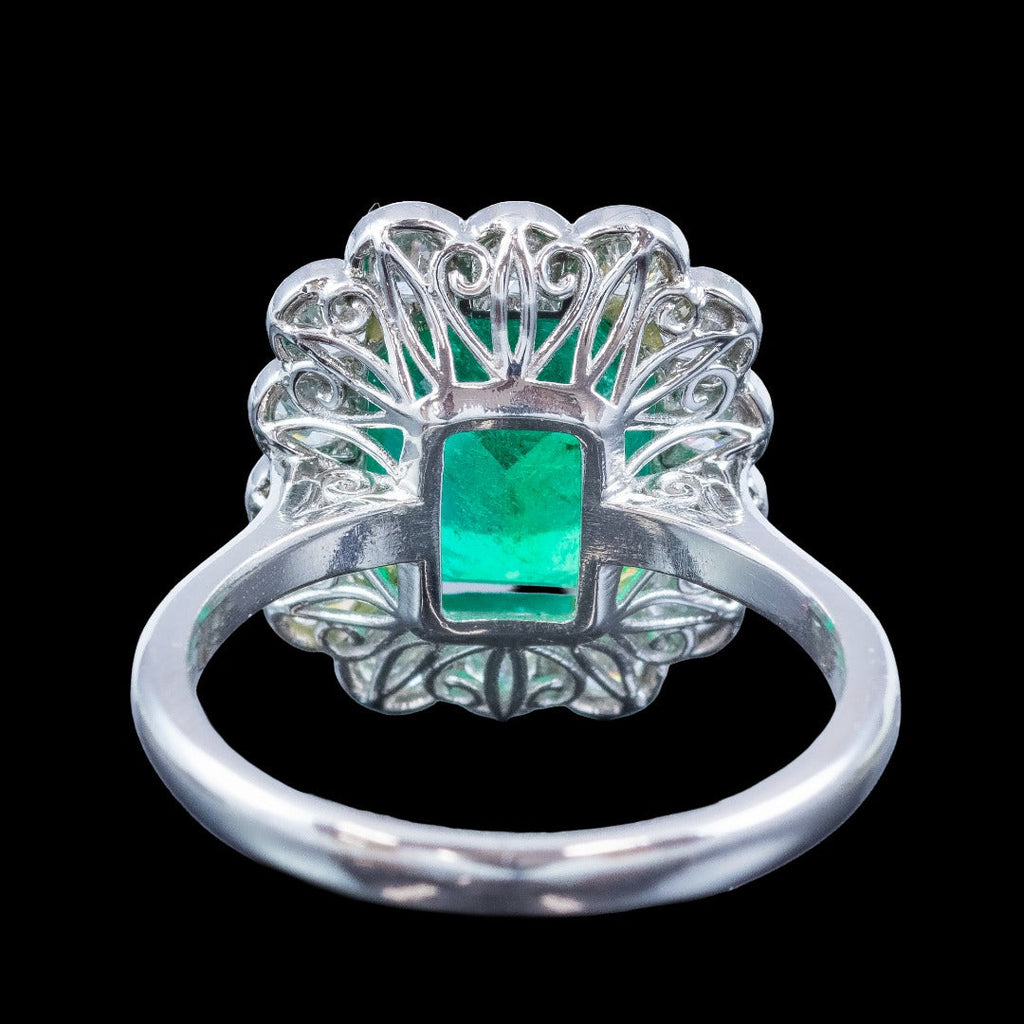 Edwardian Style Emerald Diamond Cluster Ring 3.73ct Emerald