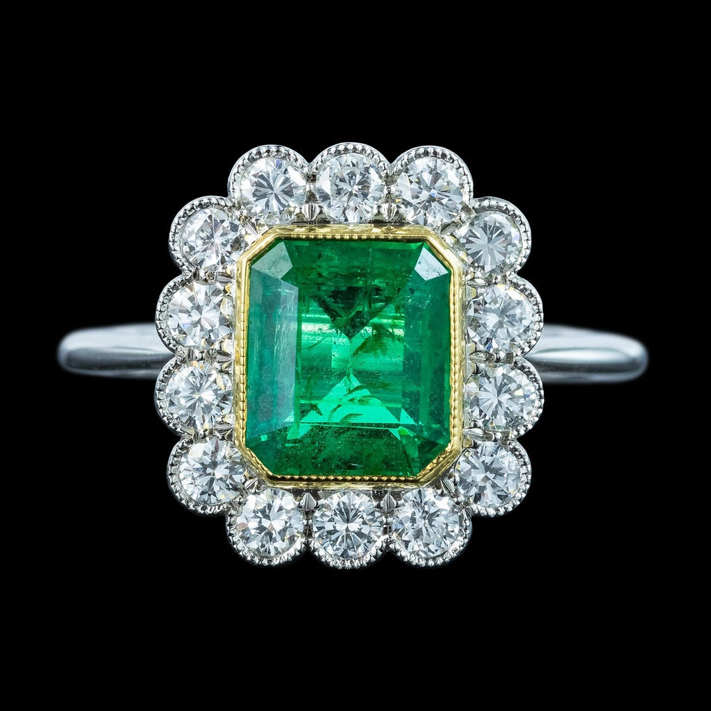Edwardian Style Emerald Diamond Cluster Ring 2.28ct Emerald