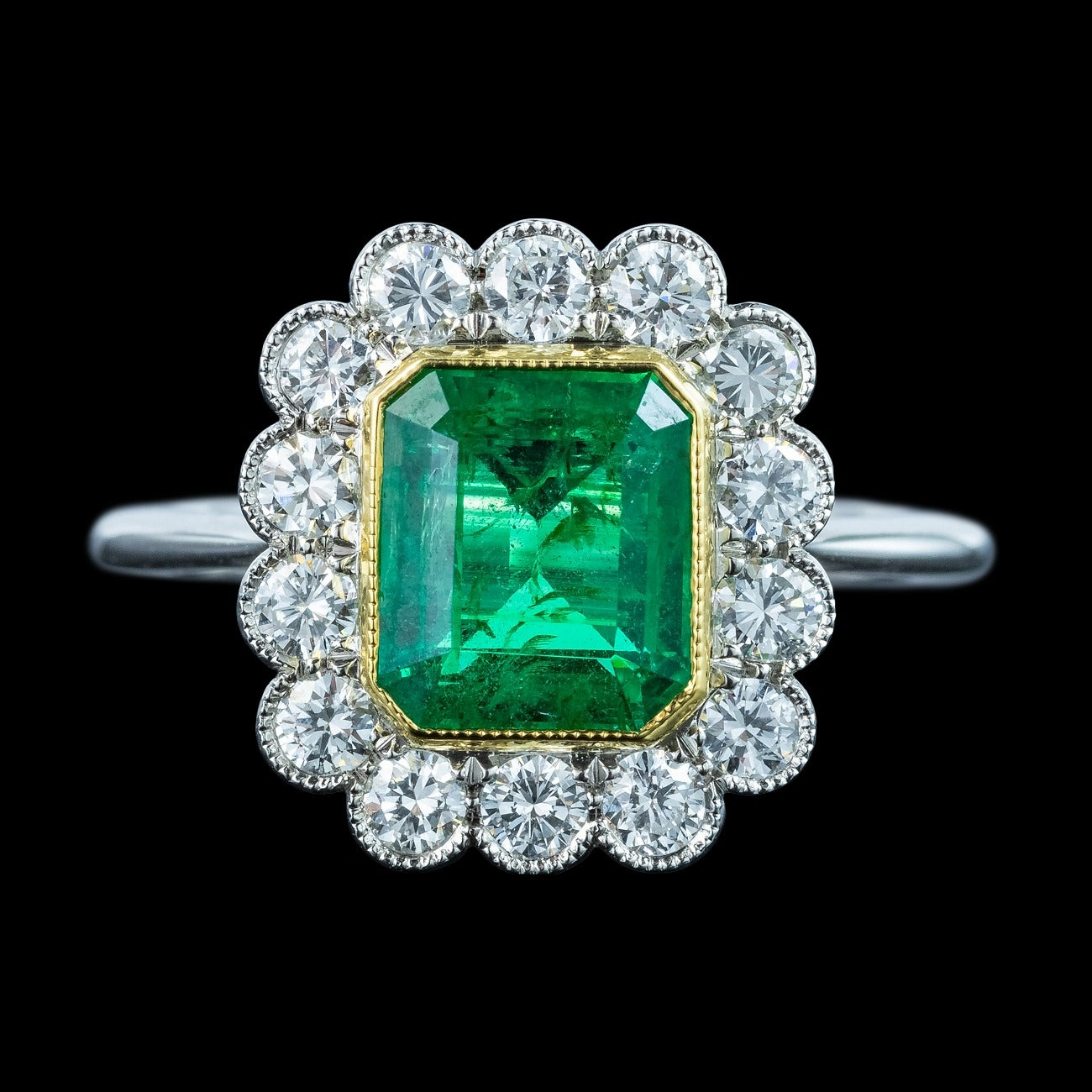 Edwardian Style Emerald Diamond Cluster Ring 2.28ct Emerald