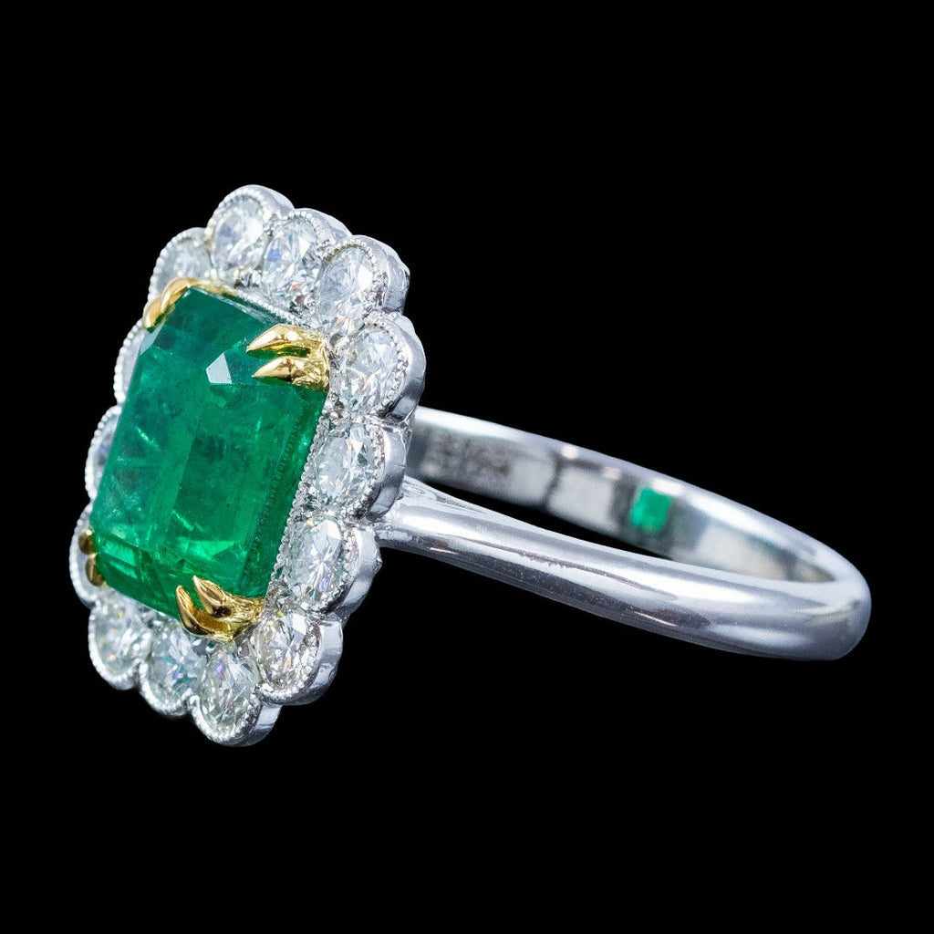 Edwardian Style Emerald Diamond Cluster Ring 3.73ct Emerald
