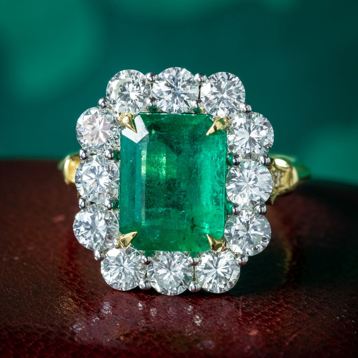 Edwardian Style Emerald Diamond Cluster Ring 3.03ct Emerald