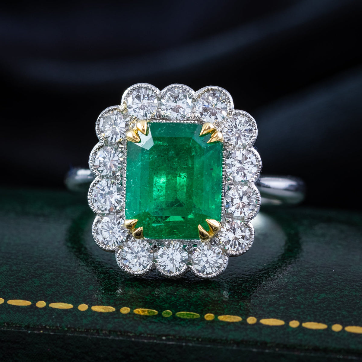 Edwardian Style Emerald Diamond Cluster Ring 3.73ct Emerald
