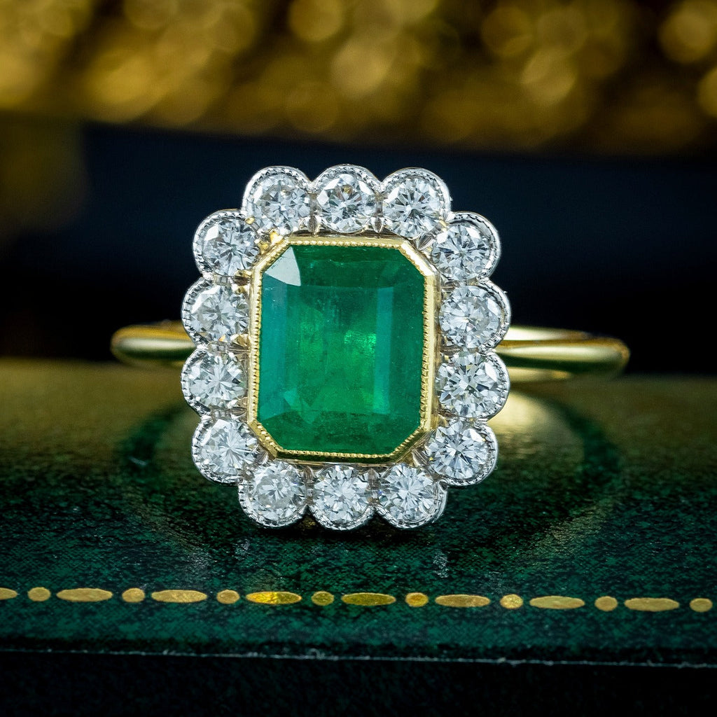 Edwardian Style Emerald Diamond Cluster Ring 2.13ct Emerald
