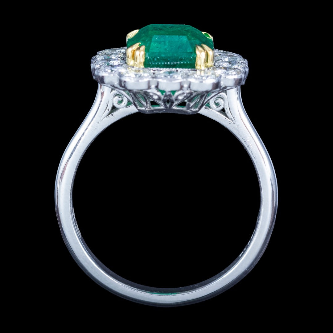 Edwardian Style Emerald Diamond Cluster Ring 3.73ct Emerald