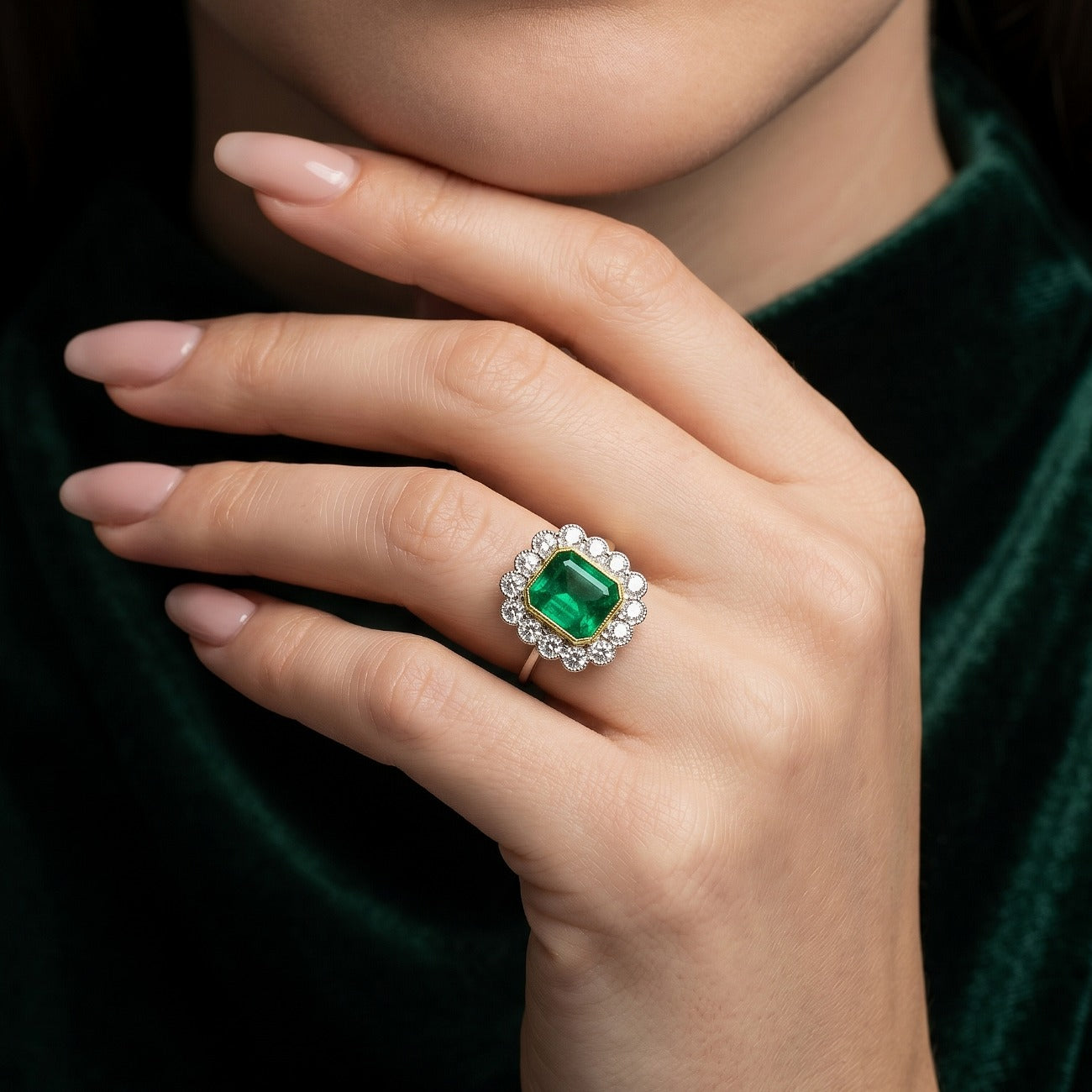 Edwardian Style Emerald Diamond Cluster Ring 2.28ct Emerald Secondary image