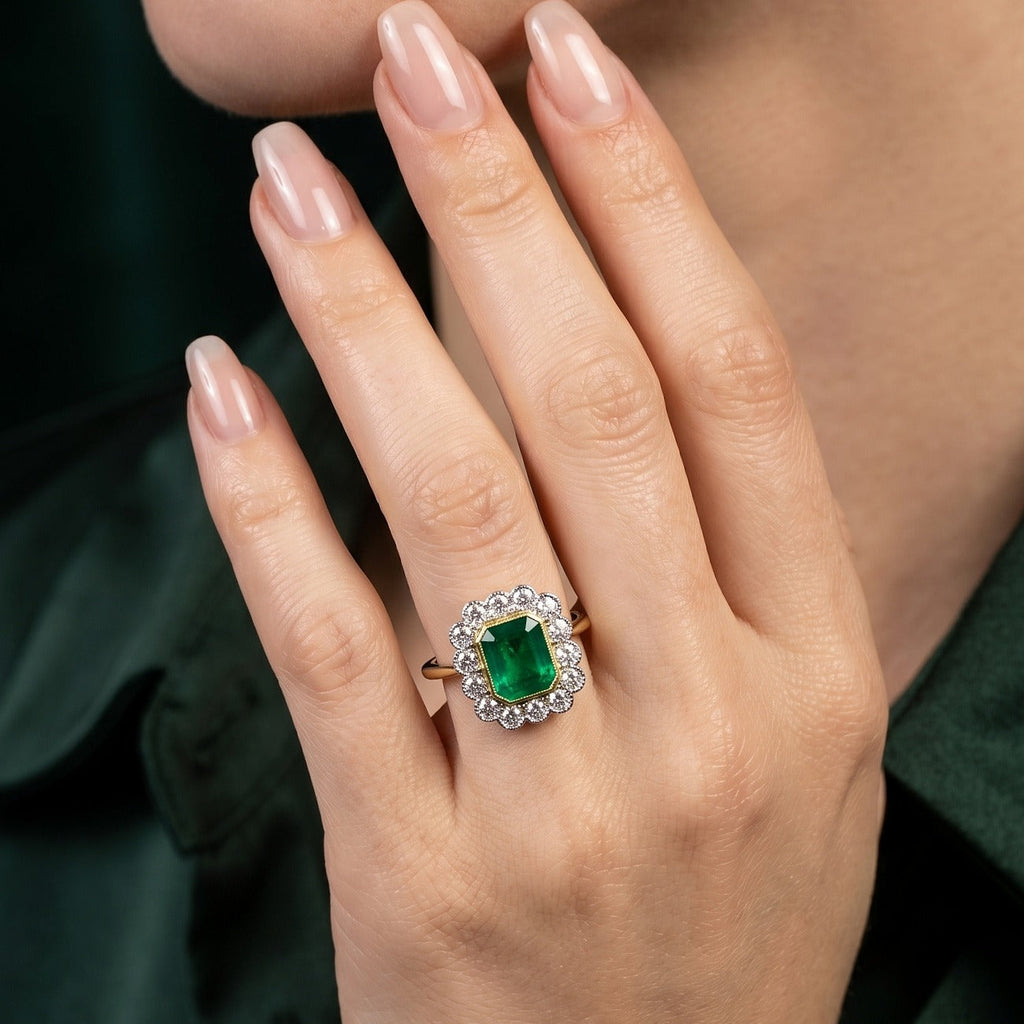 Edwardian Style Emerald Diamond Cluster Ring 2.13ct Emerald