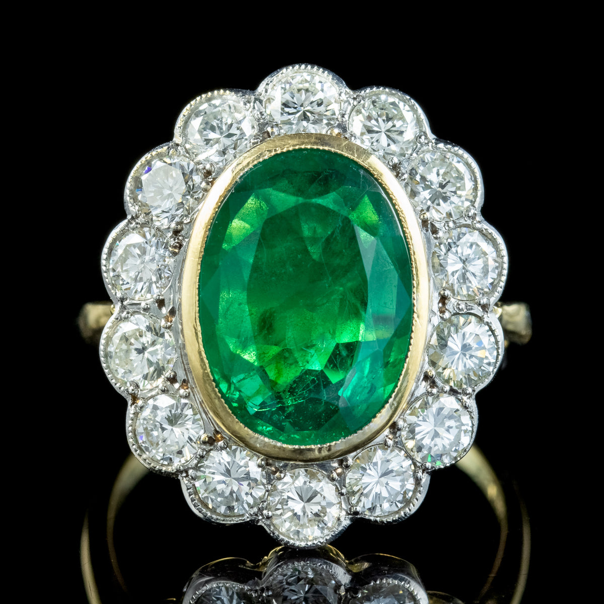 Edwardian Style Emerald Diamond Daisy Cluster Ring 3.38ct Emerald With Cert