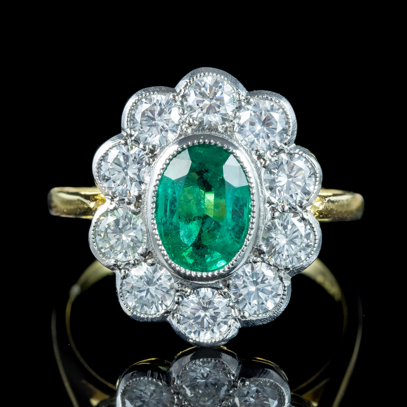 Edwardian Style Emerald Diamond Daisy Cluster Ring 1.10ct Emerald 