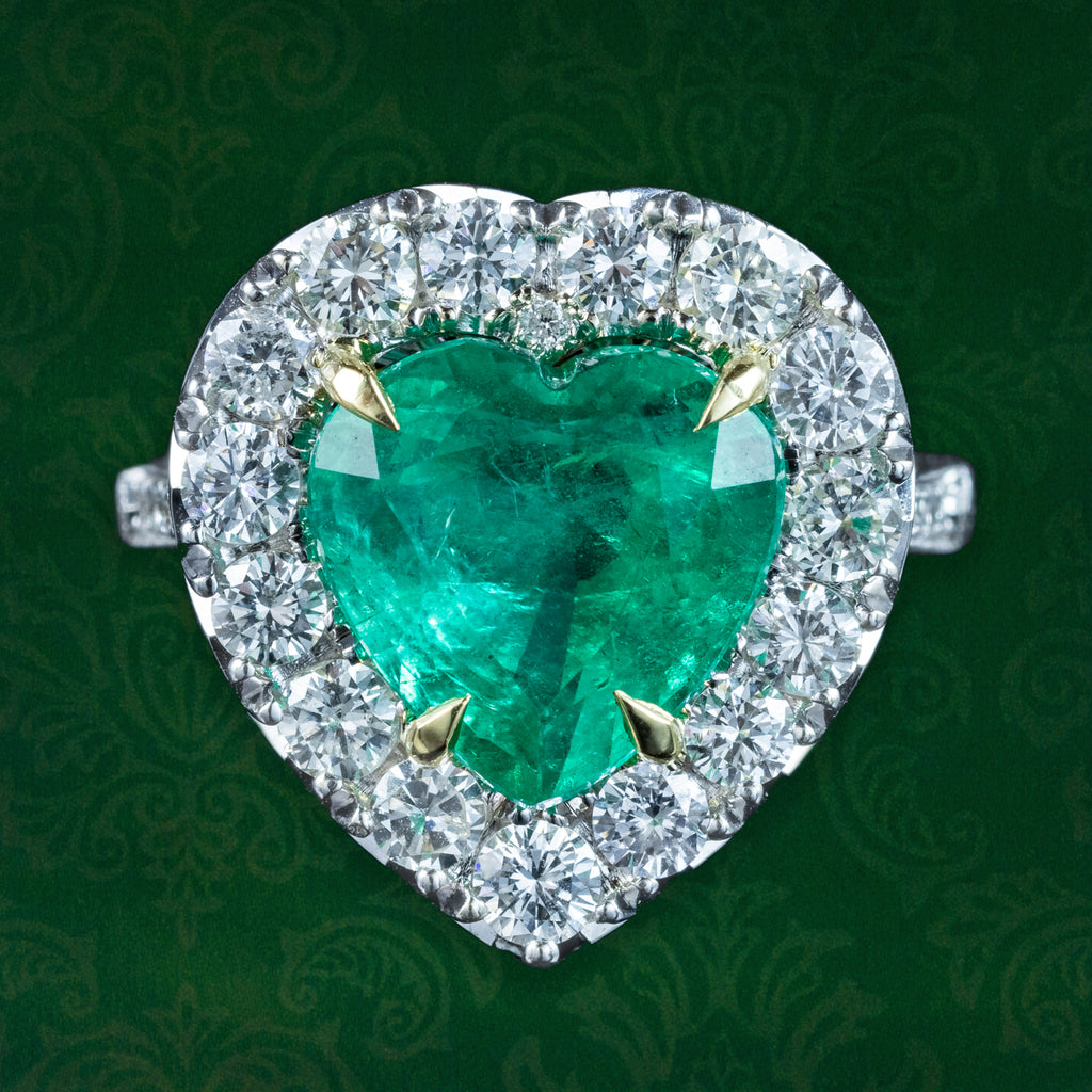 Edwardian Style Emerald Diamond Heart Ring 3.90ct Emerald