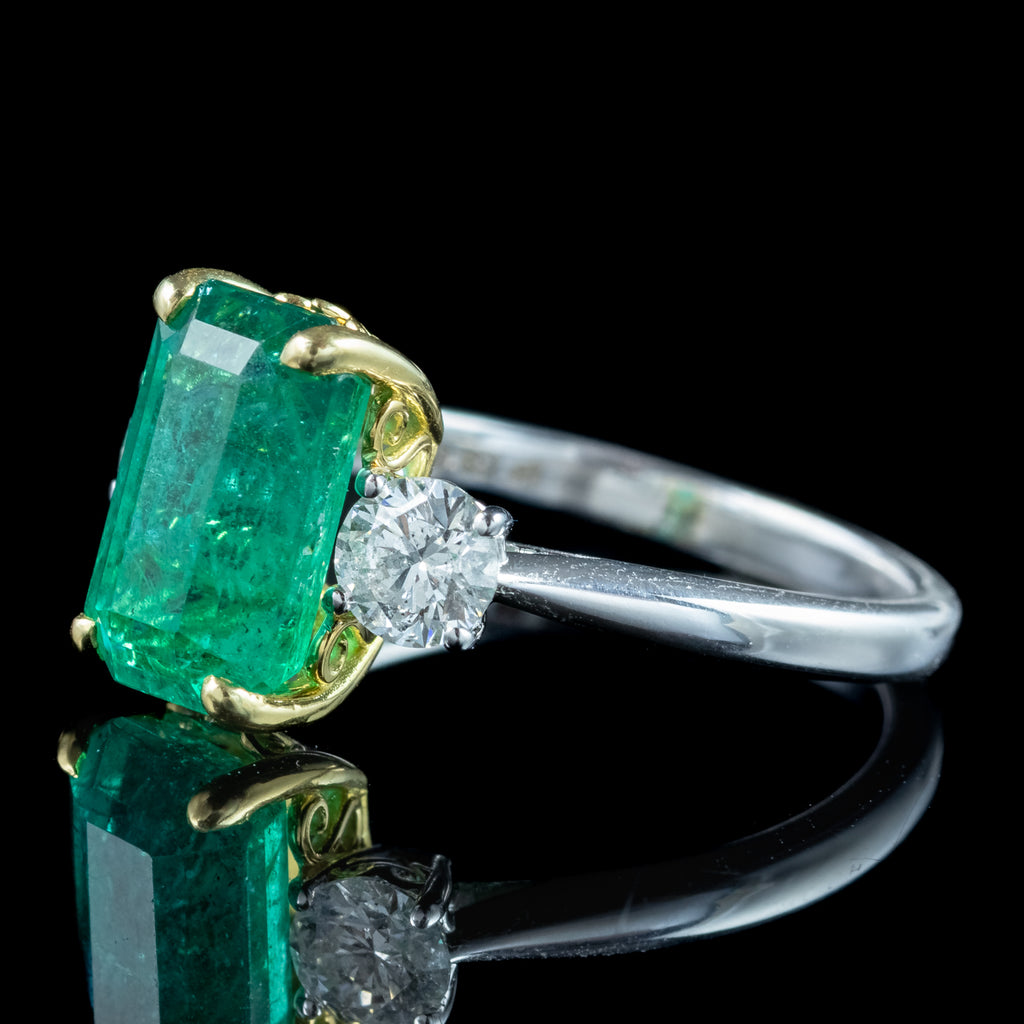 Edwardian Style Emerald Diamond Trilogy Ring 3.08ct Emerald 