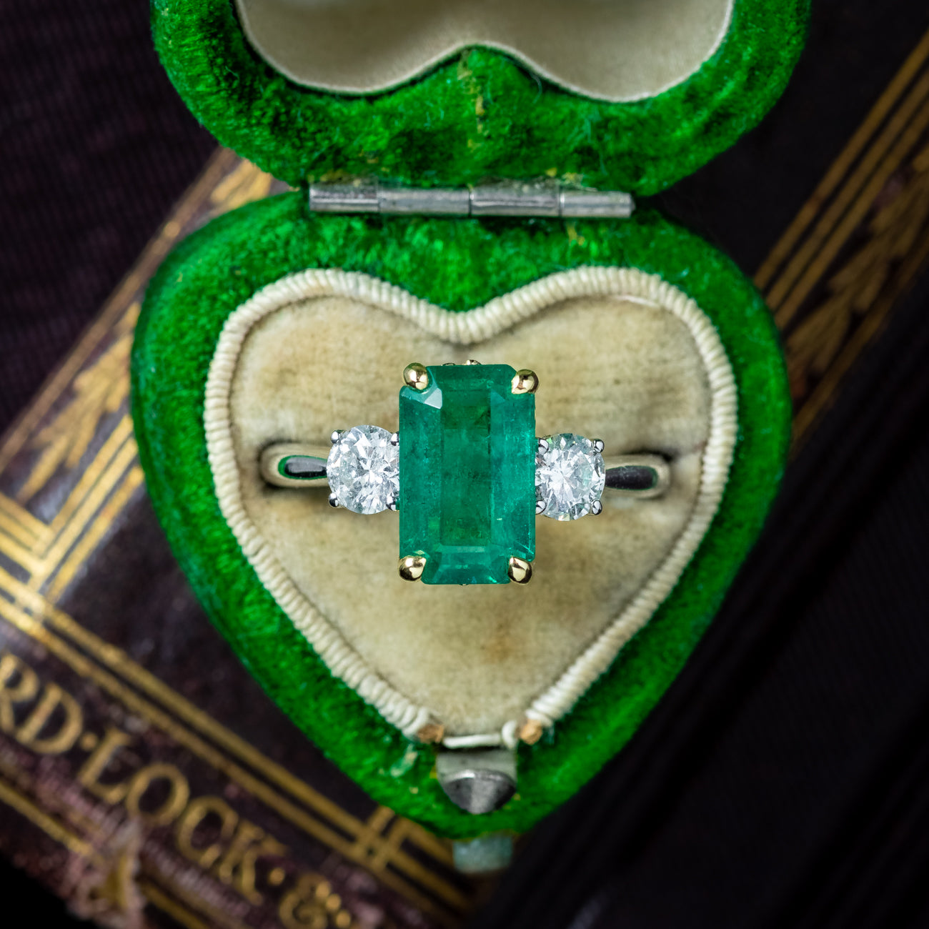 Edwardian Style Emerald Diamond Trilogy Ring 3.08ct Emerald 