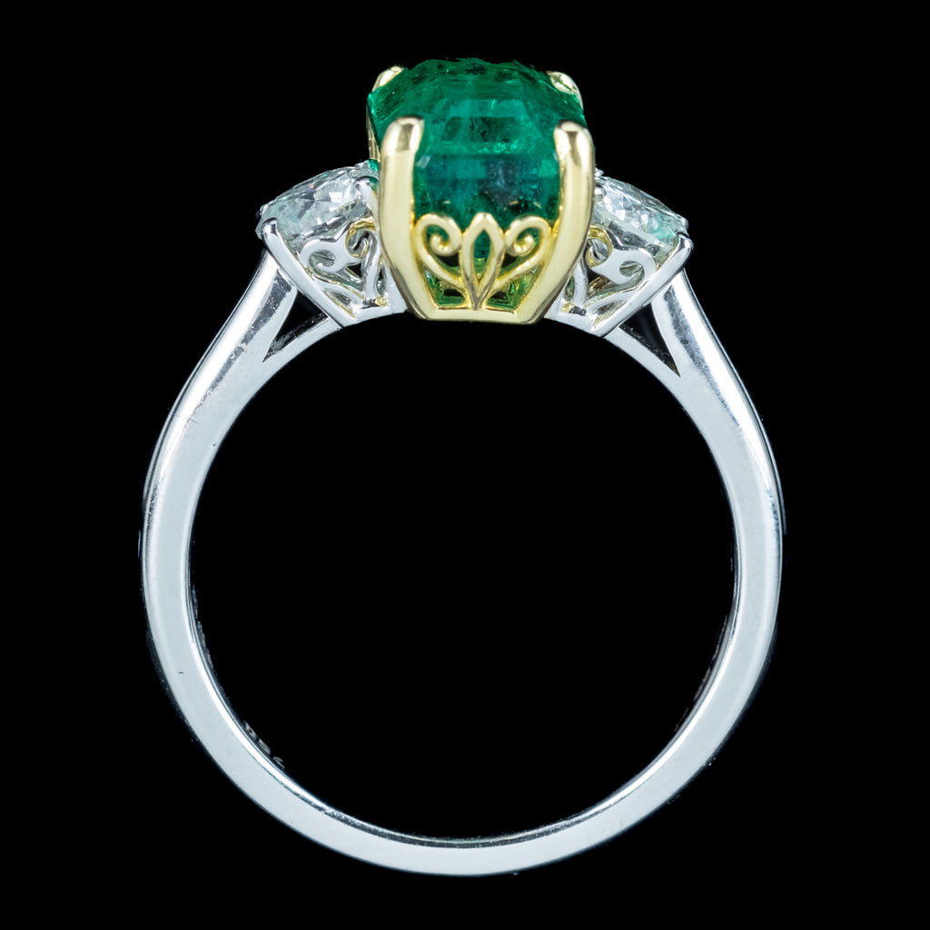 Edwardian Style Emerald Diamond Trilogy Ring 3.08ct Emerald 