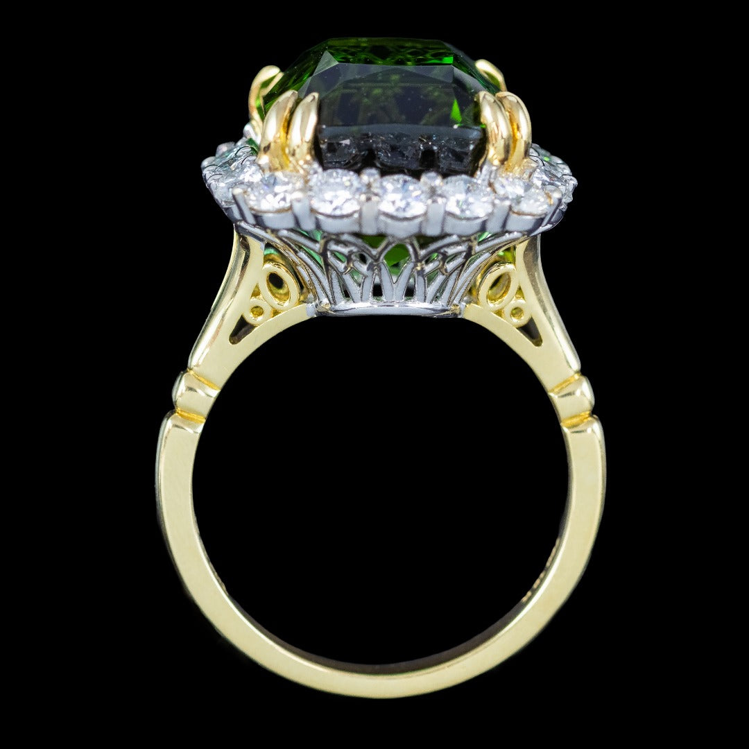 Edwardian Style Green Tourmaline Diamond Cluster Cocktail Ring 14.32ct Centre With Cert