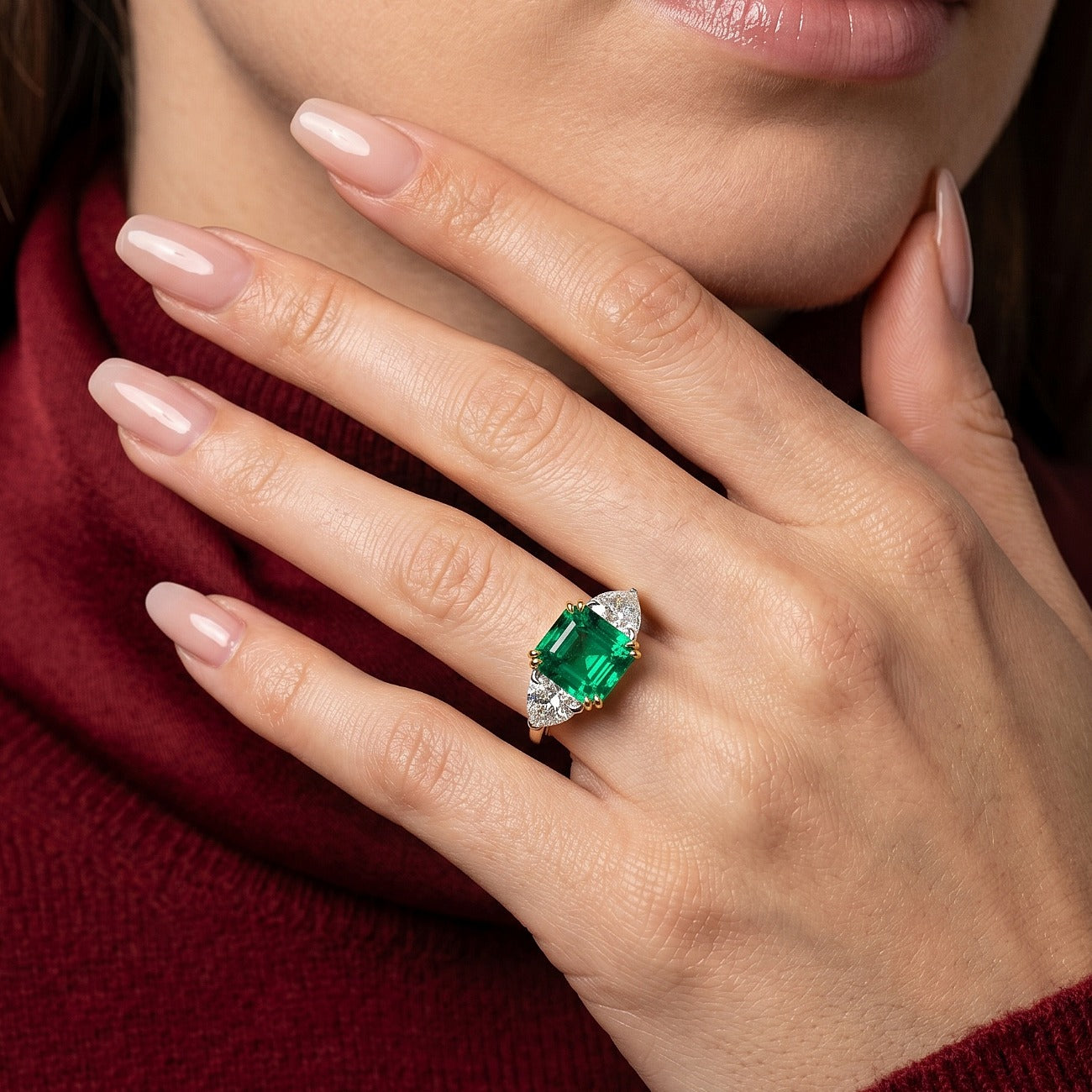 Edwardian Style Lab Grown Emerald Diamond Heart Trilogy Ring With Certs Secondary image