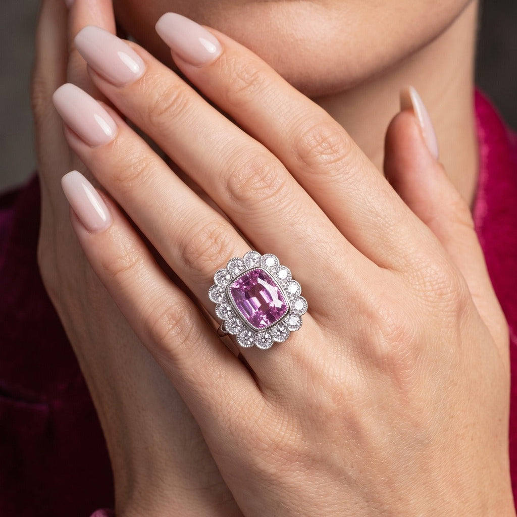 Edwardian Style Morganite Diamond Cluster Cocktail Ring 6.83ct Morganite With Cert