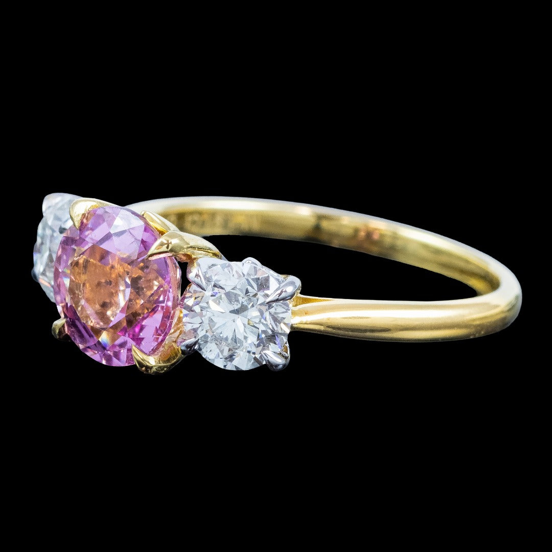 Edwardian Style Morganite Diamond Trilogy Ring 1.91ct Pink Morganite With Cert 