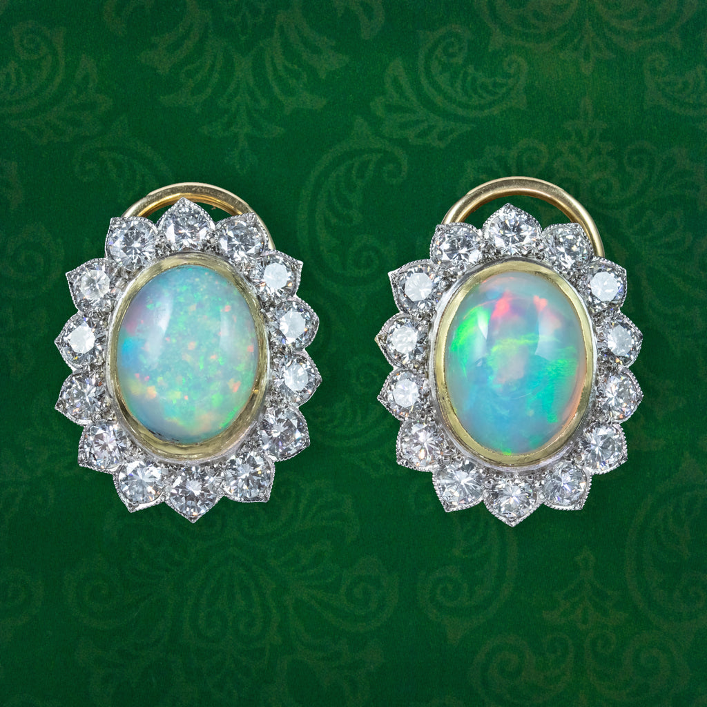 Edwardian Style Opal Diamond Cluster Clip Earrings 18ct Gold 2ct Opals 