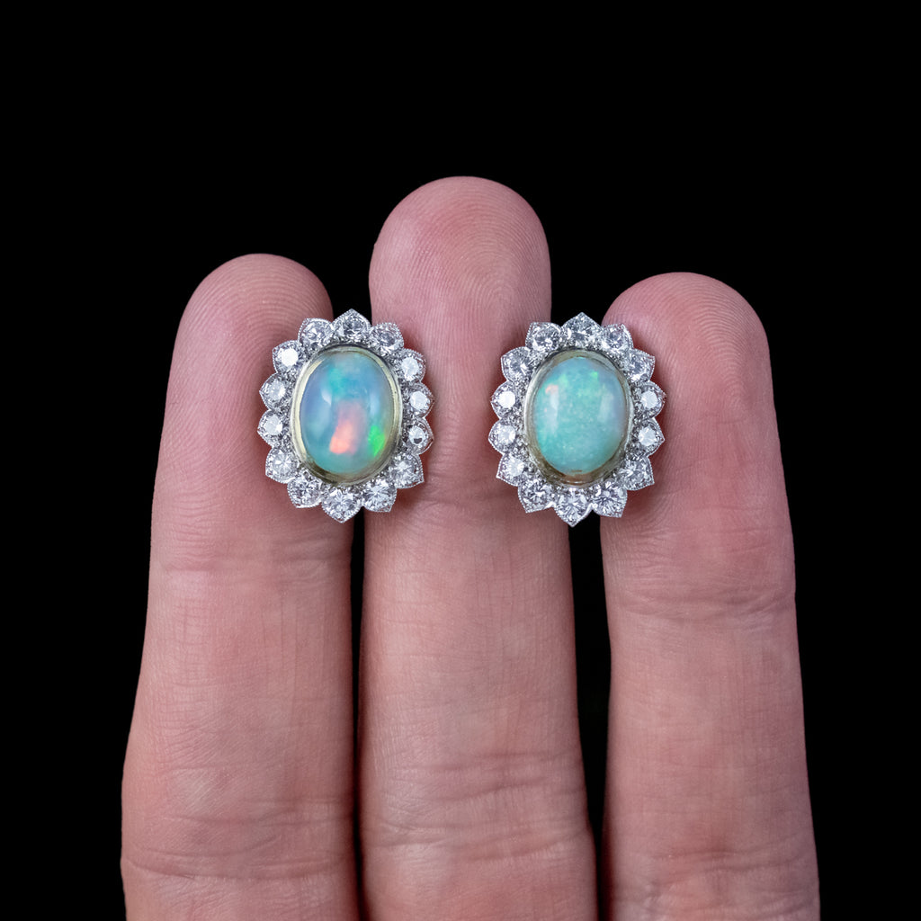 Edwardian Style Opal Diamond Cluster Clip Earrings 18ct Gold 2ct Opals 