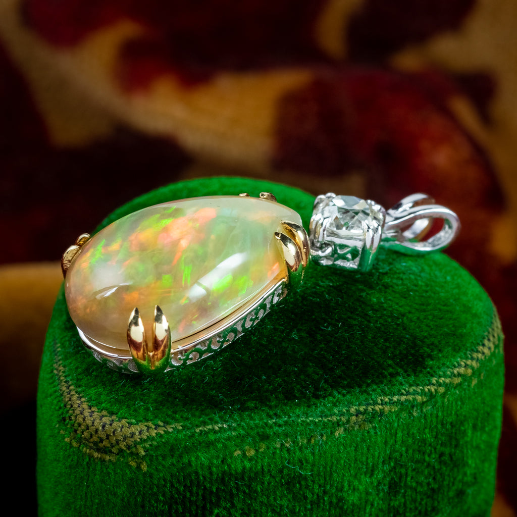Edwardian Style Opal Diamond Pendant 18ct Gold 5.46ct Opal