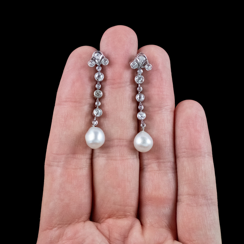Edwardian Style Pearl Diamond Drop Earrings 18ct Gold 1.3ct Total